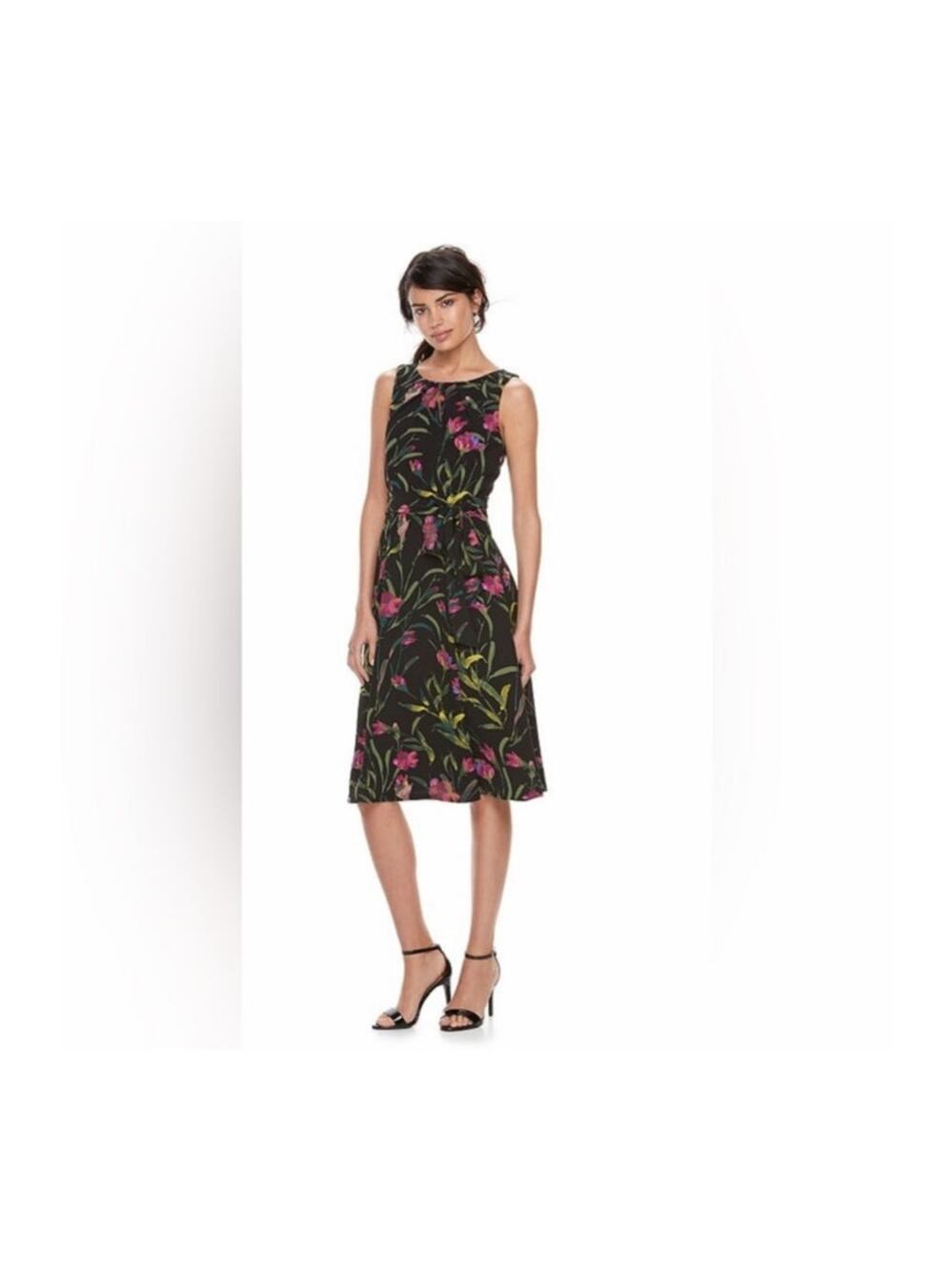 Elle Black Floral Midi Dress 4 Fit Flare Sleeveless Cottagecore